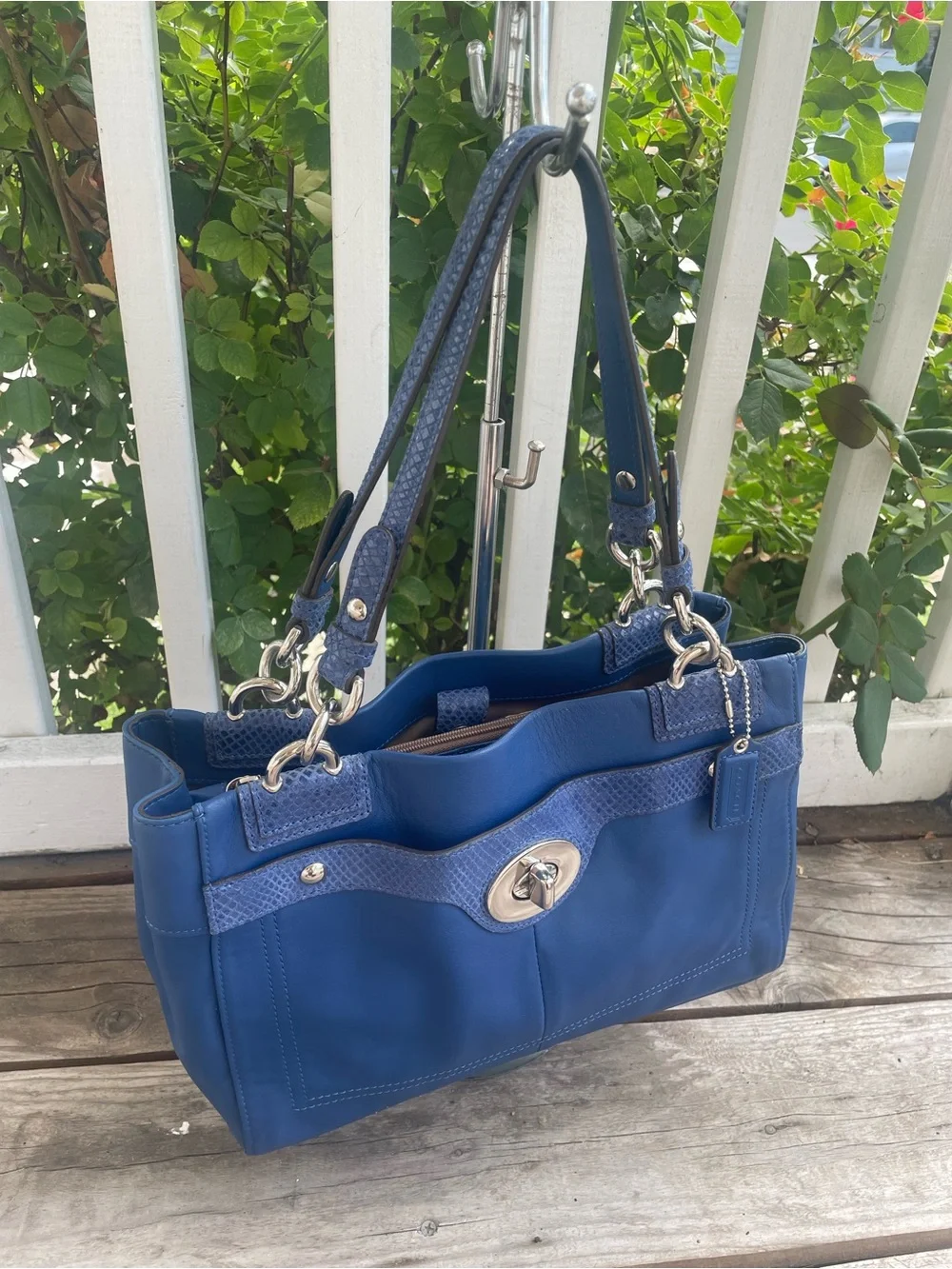 Coach Blue Leather-Trim Shoulder Tote with Turnlock